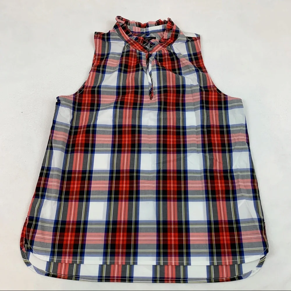 J Crew Ruffle Neck Cotton Plaid Top Holliday‎